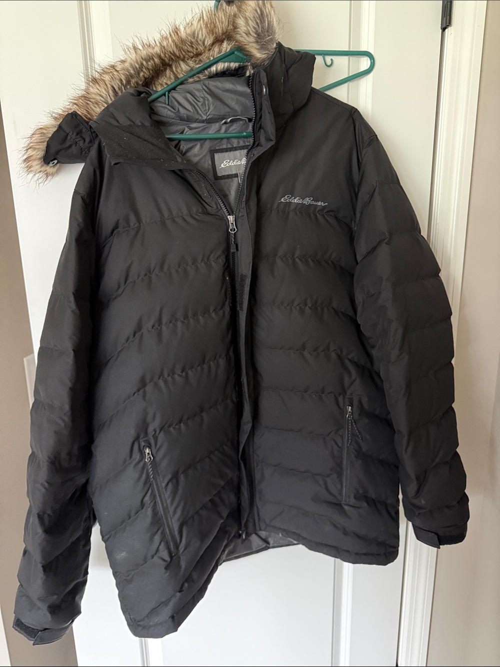 Eddie Bauer Men's Black Puffer Jacket with Faux Fur Trim Hood